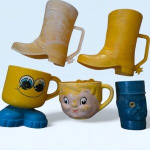 Vintage Yellow & Blue Kids Cup Set - Novelty Boot & Character Mugs